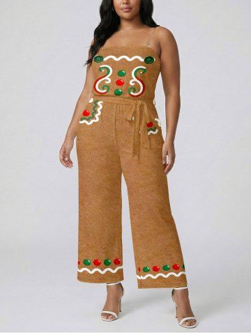 Christmas Gingerbread Buttons Print Pocket Jumpsuit With Removable Belt and Shoulder Straps - COFFEE - M