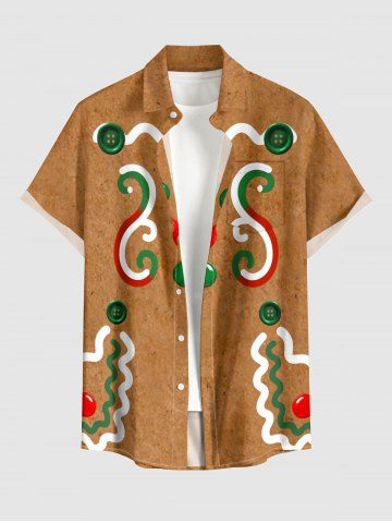 Chemise pour homme à imprimé pain d'épices de Noël, boutons et poche - COFFEE - 3XL