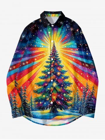 Chemise à manches longues boutonnée pour homme, imprimé sapin de Noël, flocons et faisceaux lumineux - YELLOW - M