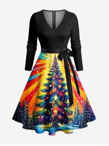 Robe trapèze à manches longues avec imprimé sapin de Noël, flocons et faisceaux lumineux, ceinture amovible