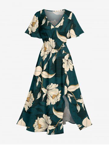 Robe midi ligne A à poches et fente, imprimé fleurs et feuilles Hawaï - DARK TURQUOISE - 6X