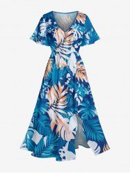 Robe midi hawaïenne fendue imprimé feuilles tropicales et fleurs - Bleu 2X