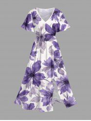 Robe midi hawaïenne fendue à imprimé aquarelle fleurs - Pourpre  3X