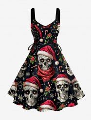 Christmas Hat Skull Santa Claus Snowflake Flower Print Lace Up Grommets Tank Dress -  