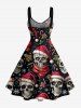Christmas Hat Skull Santa Claus Snowflake Flower Print Lace Up Grommets Tank Dress -  