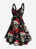 Christmas Hat Skull Santa Claus Snowflake Flower Print Lace Up Grommets Tank Dress -  