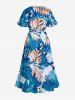 Robe midi hawaïenne fendue imprimé feuilles tropicales et fleurs - Bleu 2X