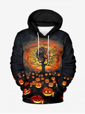 Plus Size Halloween Pumpkin Moon Tree Print Drawstring Hoodie For Men - BLACK - 2XL