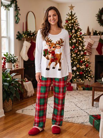 Christmas Elk Light Scarf Gift Box Print Matching Set - WHITE