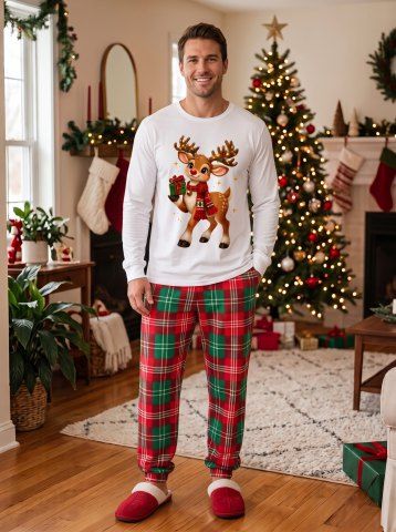 Men's Christmas Elk Light Scarf Gift Box Print Matching Set - RED