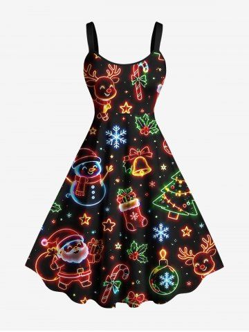 Robe trapèze imprimée motif pailleté sapin de Noël, boules, flocons de neige, bonbons, chaussettes et Père Noël - BLACK - XS