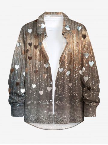 Chemise hawaïenne boutonnée à manches longues pour homme, imprimé cœur en paillettes scintillantes