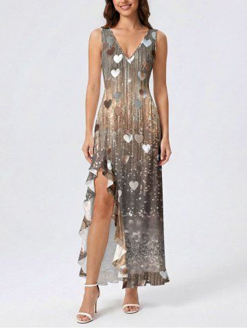 Robe fendue à volants Hawaii imprimé cœur en sequins scintillants - TAN - XL