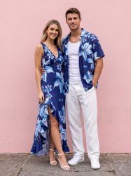 Flower Print Matching Hawaii Beach Outfit For Couples -  