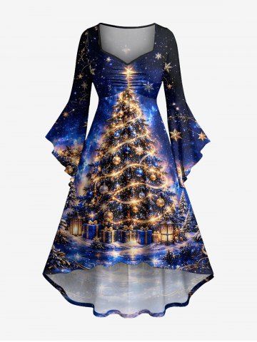 Robe asymétrique à manches évasées et fronces, imprimé 3D sapin de Noël, étoiles, flocons et paillettes galaxie - NAVY BLUE - S