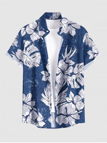 Tropical Leaf Hibiscus Flower Print Hawaii Button Pocket Shirt For Men