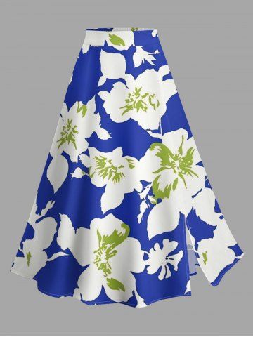 Flowers Leaf Print Split Hawaii Skirt - BLUE - 4X