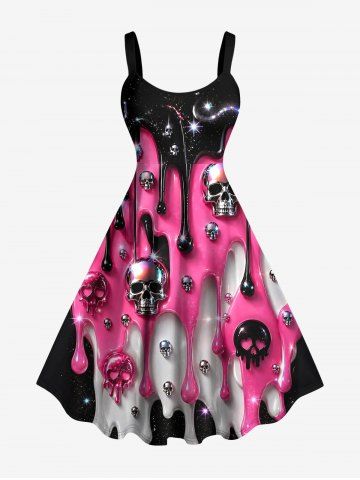Paint Drop Metallic Skulls Print A Line Dress - HOT PINK - XXS
