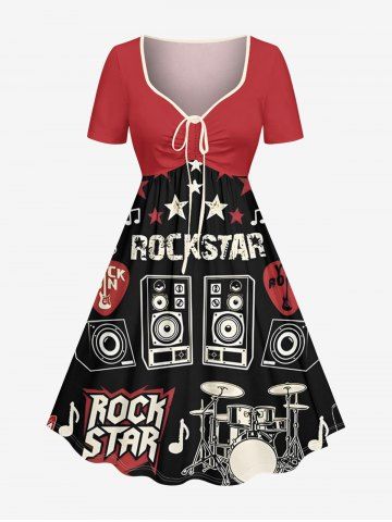 Radio Letters Print Hawaii Rock and Roll Cinched A Line Dress - BLACK - 4X