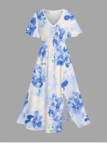 Robe midi hawaïenne fendue à imprimé fleurs et feuilles aquarelle