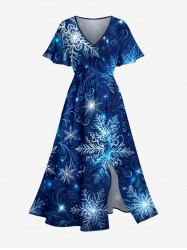 Robe midi fendue à imprimé flocons de neige et galaxie de Noël - Cadetblue 1X