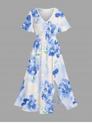 Robe midi hawaïenne fendue à imprimé fleurs et feuilles aquarelle - Bleu clair M