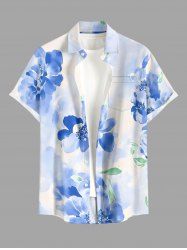 Chemise hawaïenne pour homme à imprimé fleurs et feuilles aquarelle, boutons et poche - Bleu clair L