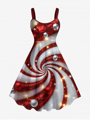 Robe débardeur imprimée 3D à sequins scintillants, motif boules de Noël et bonbons tourbillonnants (bretelles réglables)
