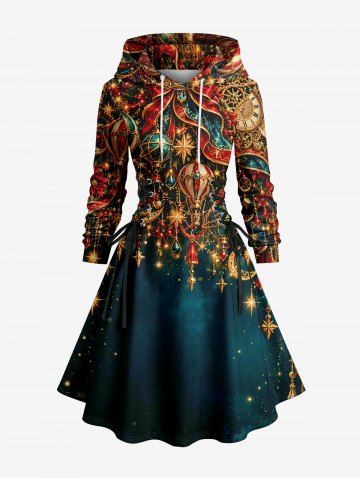 Robe sweat à capuche à laçage et cordon de serrage, imprimé fleurs de Noël, horloge, lune, étoile et glands - DEEP BLUE - 4X