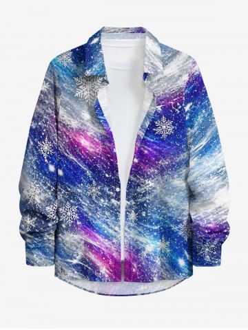 Chemise boutonnée à manches longues pour homme avec imprimé galaxie et flocons de neige de Noël - BLUE - XL