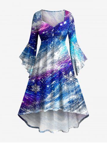 Christmas Snowflake Galaxy Print Ruched High Low Asymmetric Dress - BLUE - XXS
