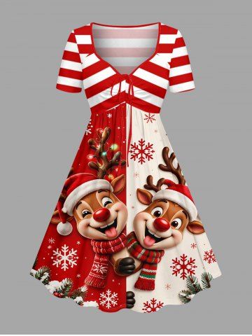 Christmas Elk Snowflake Stripes Print Cinched Dress - RED - 1X