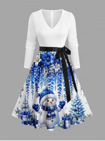 Christmas Snowman Flowers Gift Box Print Long Sleeves A Line Dress with Removable Belt - WHITE - 4X
