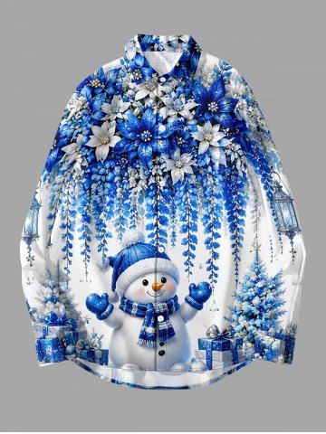 Chemise pour homme à motif imprimé bonhomme de neige de Noël, fleurs et boîte cadeau, boutons et poche - WHITE - 8XL
