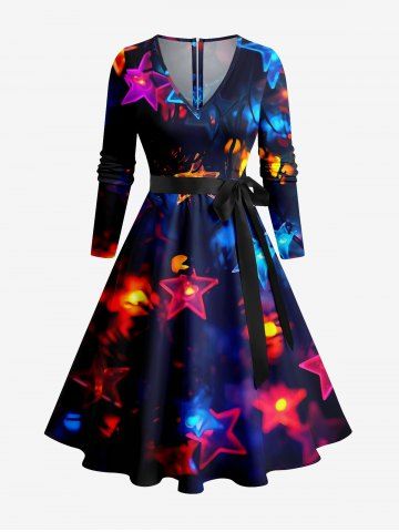 Christmas Star Light Print Long Sleeves A Line Dress with Removable Belt - BLACK - 1X