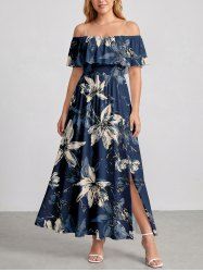 Robe midi hawaïenne à imprimé floral, fendue et épaules dénudées - Bleu profond 3X