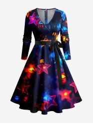 Robe trapèze à manches longues avec ceinture amovible et imprimé étoiles de Noël lumineuses - Noir 3X