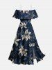 Robe midi hawaïenne à imprimé floral, fendue et épaules dénudées - Bleu profond 3X