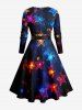 Robe trapèze à manches longues avec ceinture amovible et imprimé étoiles de Noël lumineuses - Noir 3X