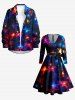 Robe trapèze à manches longues avec ceinture amovible et imprimé étoiles de Noël lumineuses - Noir 3X