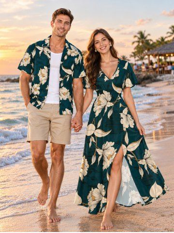 Tenue de plage hawaïenne assortie pour couples à motif fleurs et feuilles