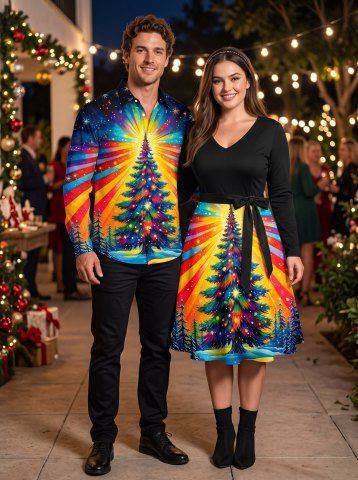 Christmas Tree Snowflake Light Beam Print Matching Outfit For Couples - YELLOW