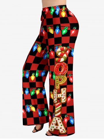 Christmas Light Checkered Plaid Print Drawstring Wide Leg Pants - RED - XS