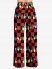 Pantalon large à cordon de serrage, imprimé carreaux écossais et guirlandes de Noël - Rouge 1X