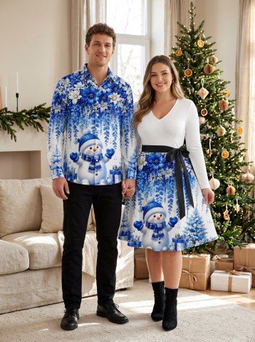Tenue assortie pour couple, motif bonhomme de neige, fleurs et boîte cadeau de Noël - WHITE