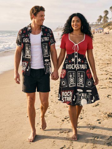 Tenue de plage hawaïenne assortie pour couples avec motif Radio Letters