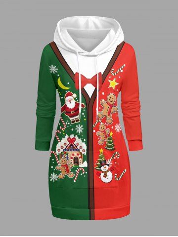 Sweat à capuche à manches longues avec imprimé sapin de Noël, flocon de neige, bonhomme de neige, Père Noël et pain d'épices - DEEP GREEN - 4XL