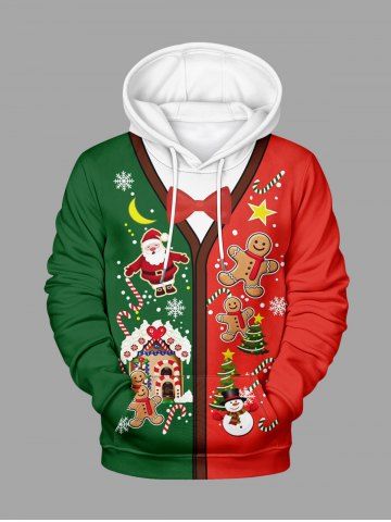 Sweat à capuche homme sans zip à manches longues, imprimé sapin de Noël, flocon de neige, bonhomme de neige, Père Noël et pain d'épices - DEEP GREEN - XL