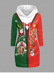 Sweat à capuche pull-over à manches longues imprimé sapin de Noël, flocon de neige, bonhomme de neige, père Noël et pain d'épices - Vert profond 3XL