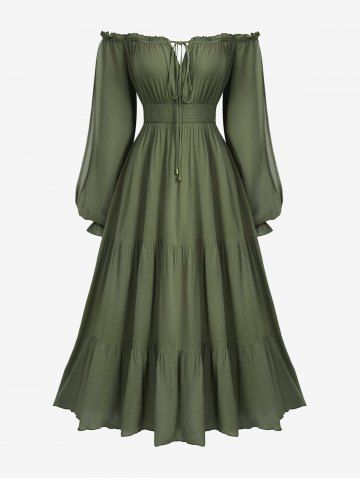 Plus Size Off The Shoulder Solid Elastic Waist A Line Dress with Removable Shoulder Strap - PLANT GREEN - 1X